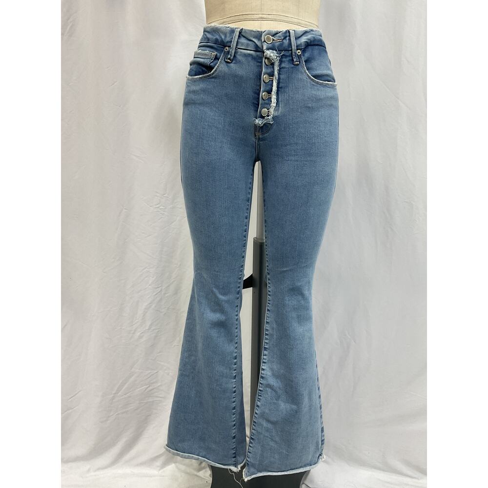 Good American 'Good' Blue Flare Raw Exposed Button Denim Jean Size 27